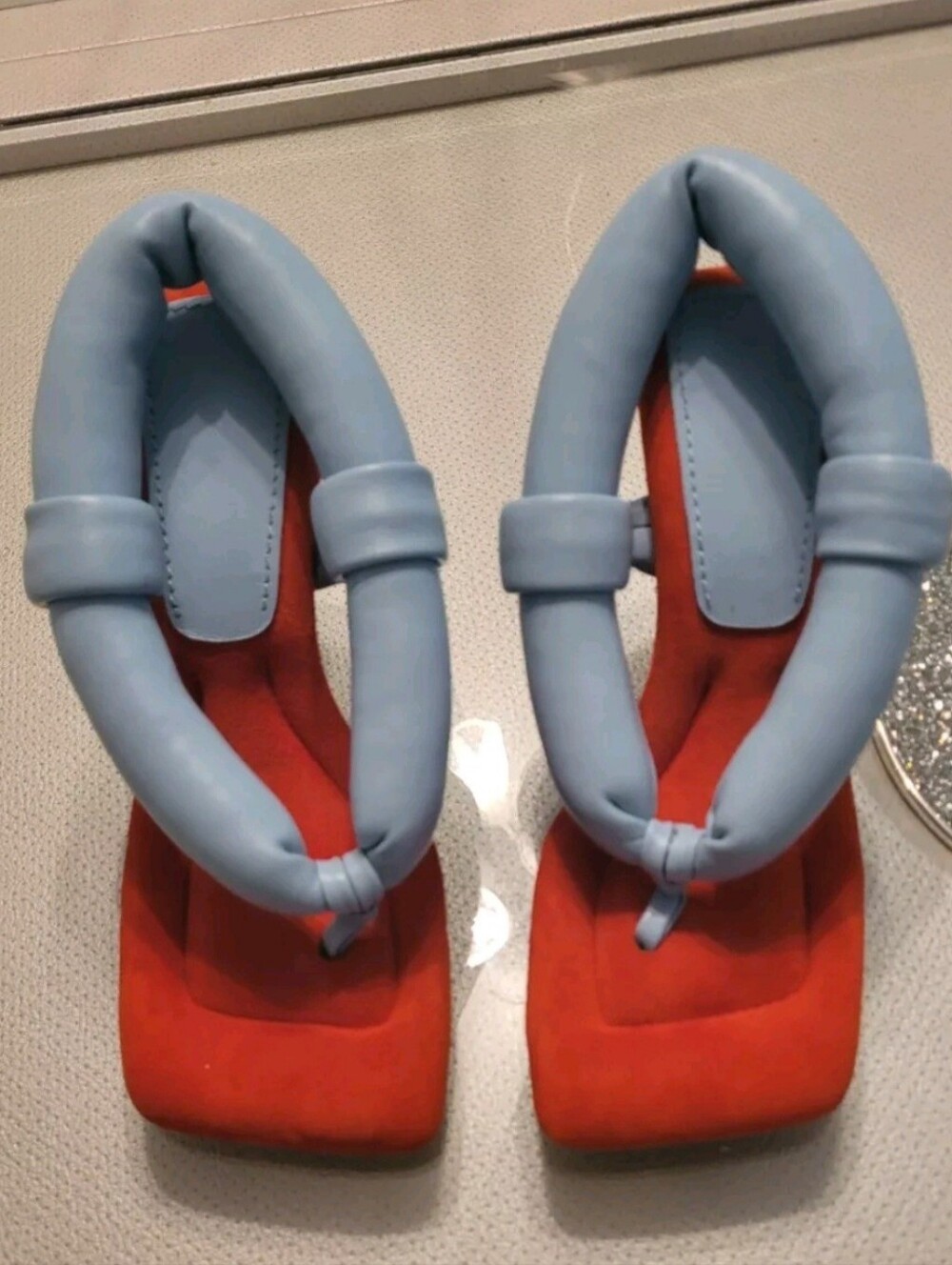 NWT Blue & Red Padded Strappy Square Toe Heels Size 6